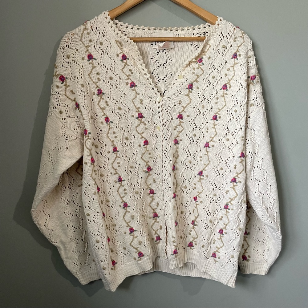 Cream Knit V-Neck Cardigan with Pink Floral Embroidery